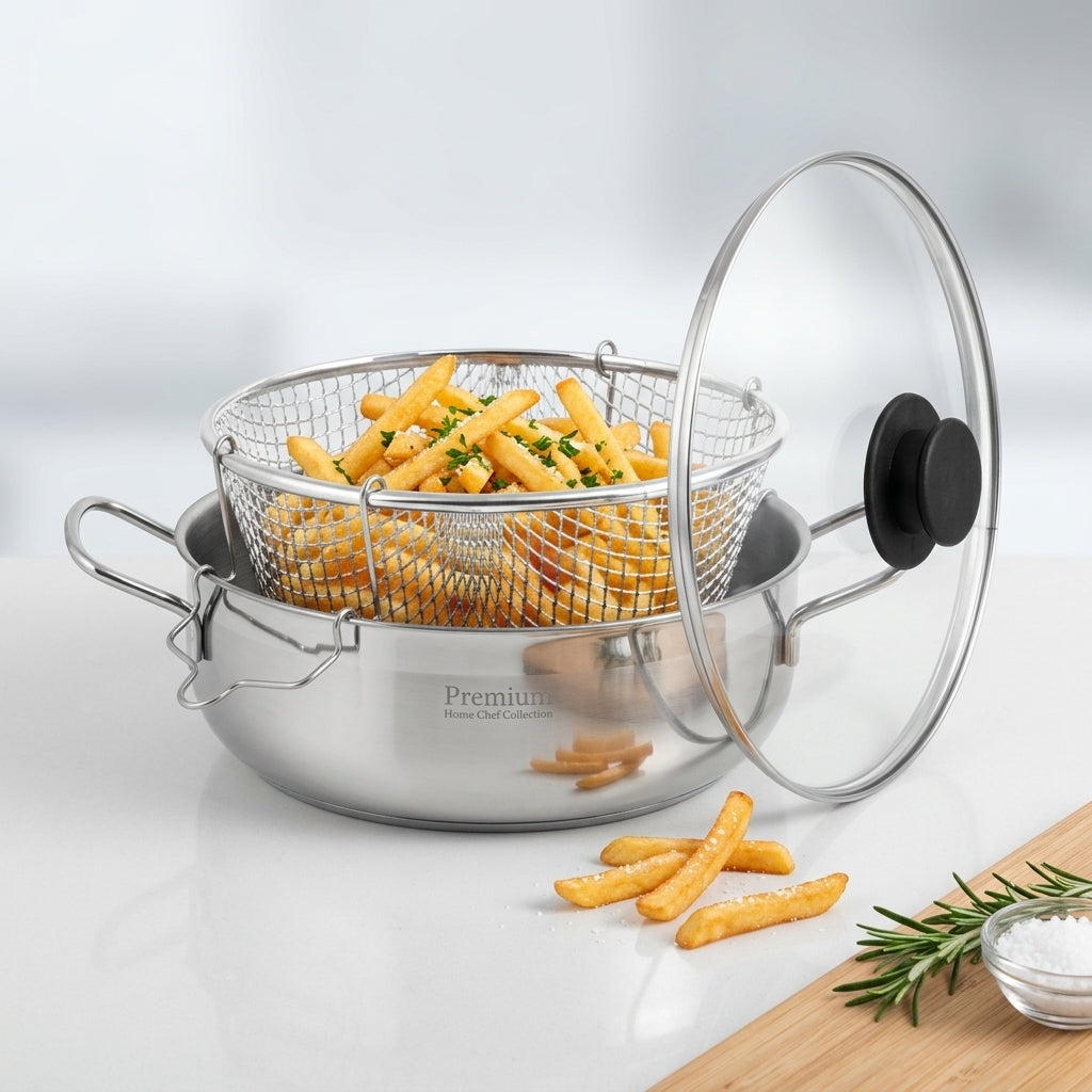Steel Pan Italia 24cm Stainless Steel Deep Fryer & Chip Pan Set with Basket & Lid