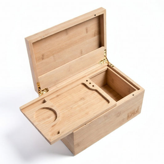 CALI Premium Large Bamboo Stash Storage Box with Sliding Tray (Natural)