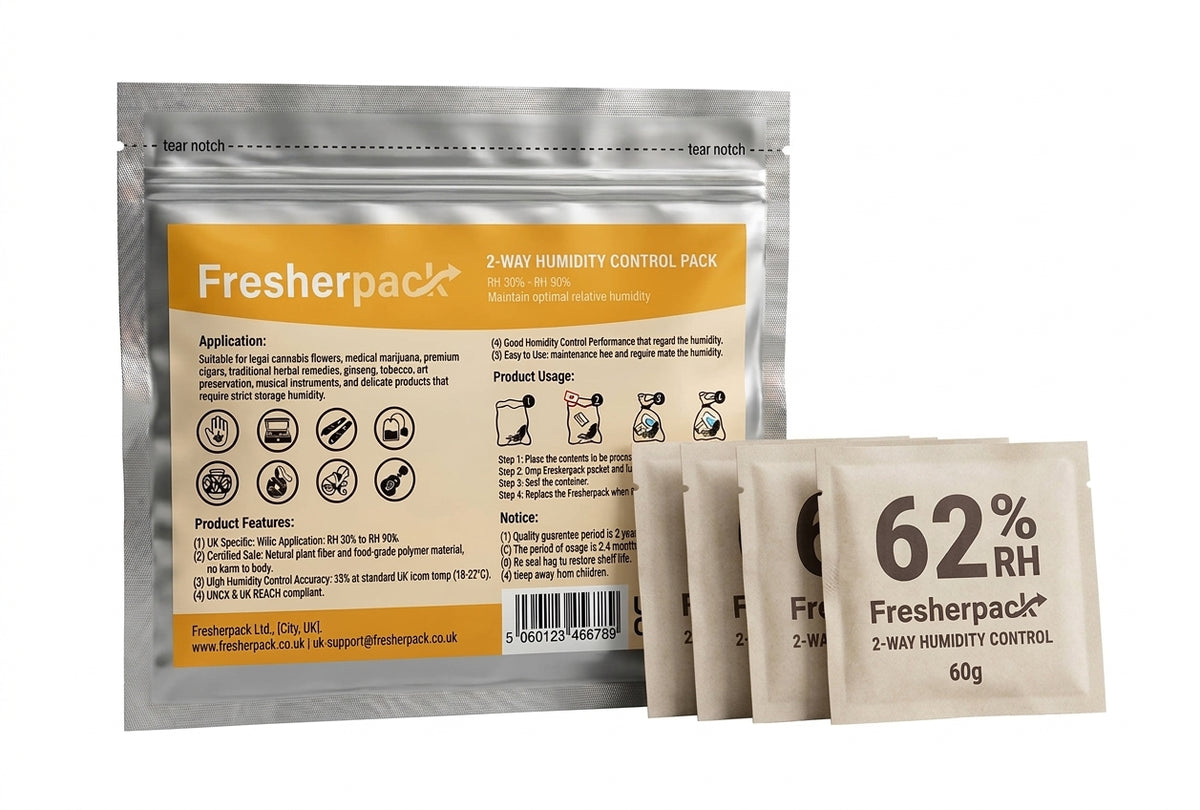 Fresherpack 62% RH 2-Way Humidity Control Packs (60g, 4-Pack) – Fits Up to 1lb (500g) | Food-Safe Tyvek with Replacement Indicator