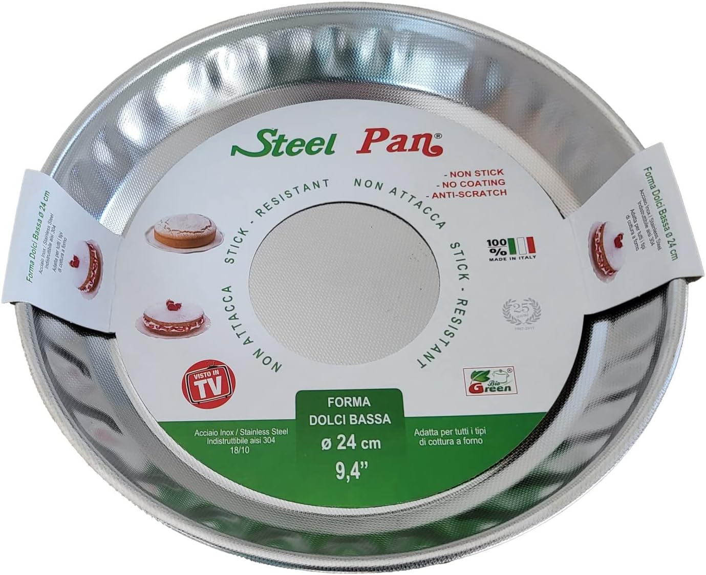 Steel Pan 24cm Large Pie Tin, Tart Mold, Flan Dish, Non-Stick Stainless Steel PTFE-Free & Durable - No coating Made in Italy