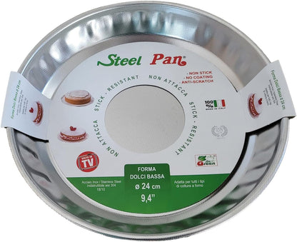 Steel Pan 24cm Large Pie Tin, Tart Mold, Flan Dish, Non-Stick Stainless Steel PTFE-Free & Durable - No coating Made in Italy