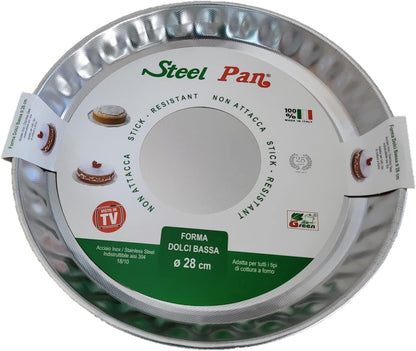 Steel Pan 28cm X-Large Pie Tin, Tart Mold, Flan Dish, Non-Stick Stainless Steel PTFE-Free & Durable - No coating Made in Italy