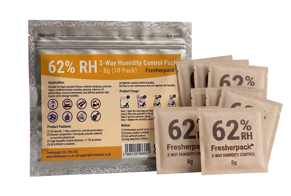 Fresherpack 62% RH 2-Way Humidity Control Packs (8g, 10-Pack) – Fits Up to 28g (1oz) | Food-Safe Tyvek with Replacement Indicator