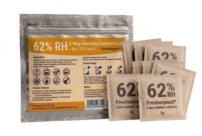Fresherpack 62% RH 2-Way Humidity Control Packs (8g, 10-Pack) – Fits Up to 28g (1oz) | Food-Safe Tyvek with Replacement Indicator