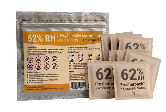 Fresherpack 62% RH 2-Way Humidity Control Packs (8g, 10-Pack) – Fits Up to 28g (1oz) | Food-Safe Tyvek with Replacement Indicator