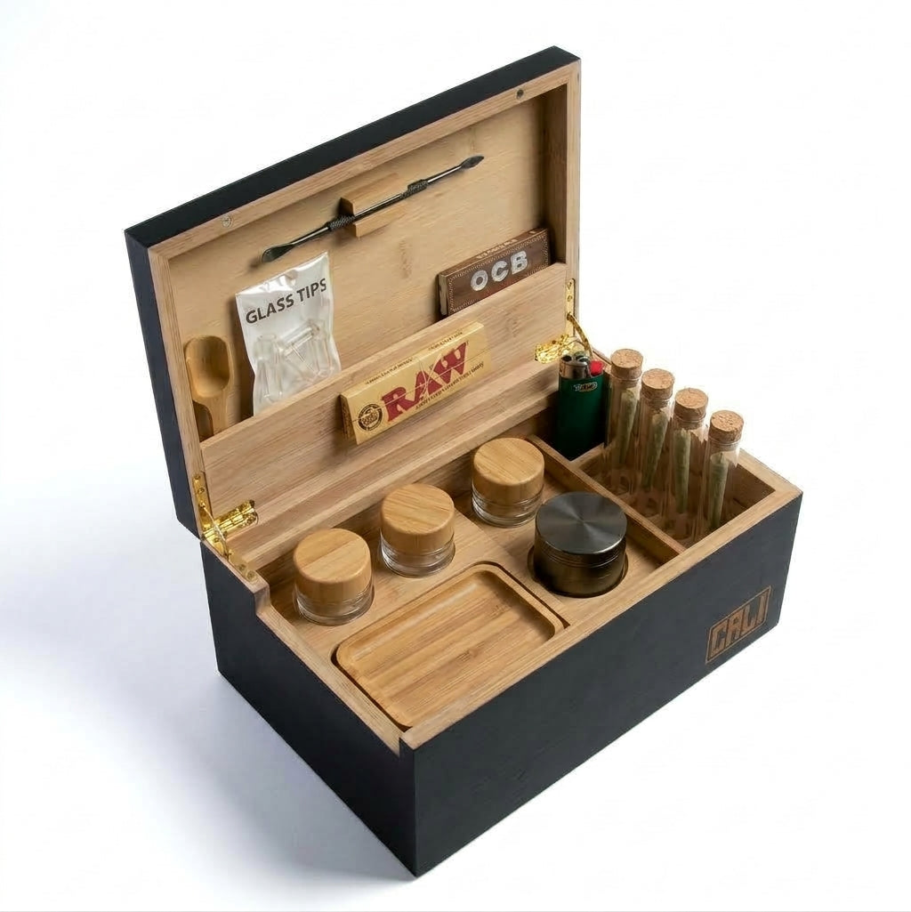 CALI Premium Large Bamboo Rolling Stash Box – Black