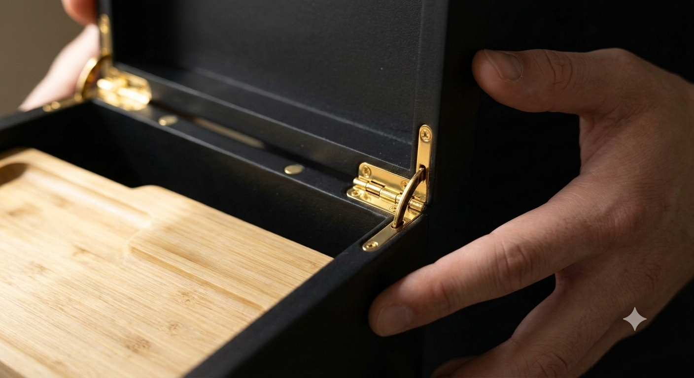 A close-up of a black wooden presentation box with gold-tone metal hinges and a light natural bamboo insert, being held open by two hands.