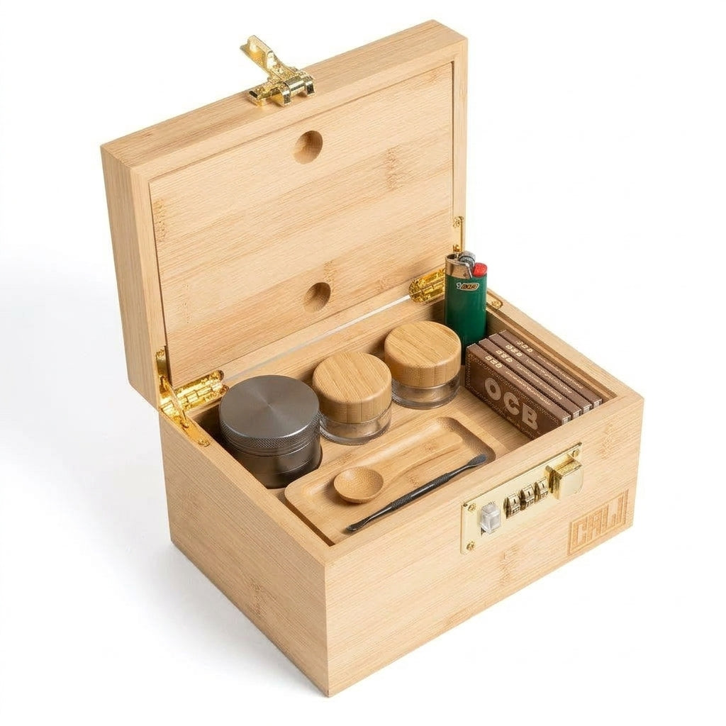 CALI Premium Bamboo Stash Box with Lock & Rolling Tray - Natural