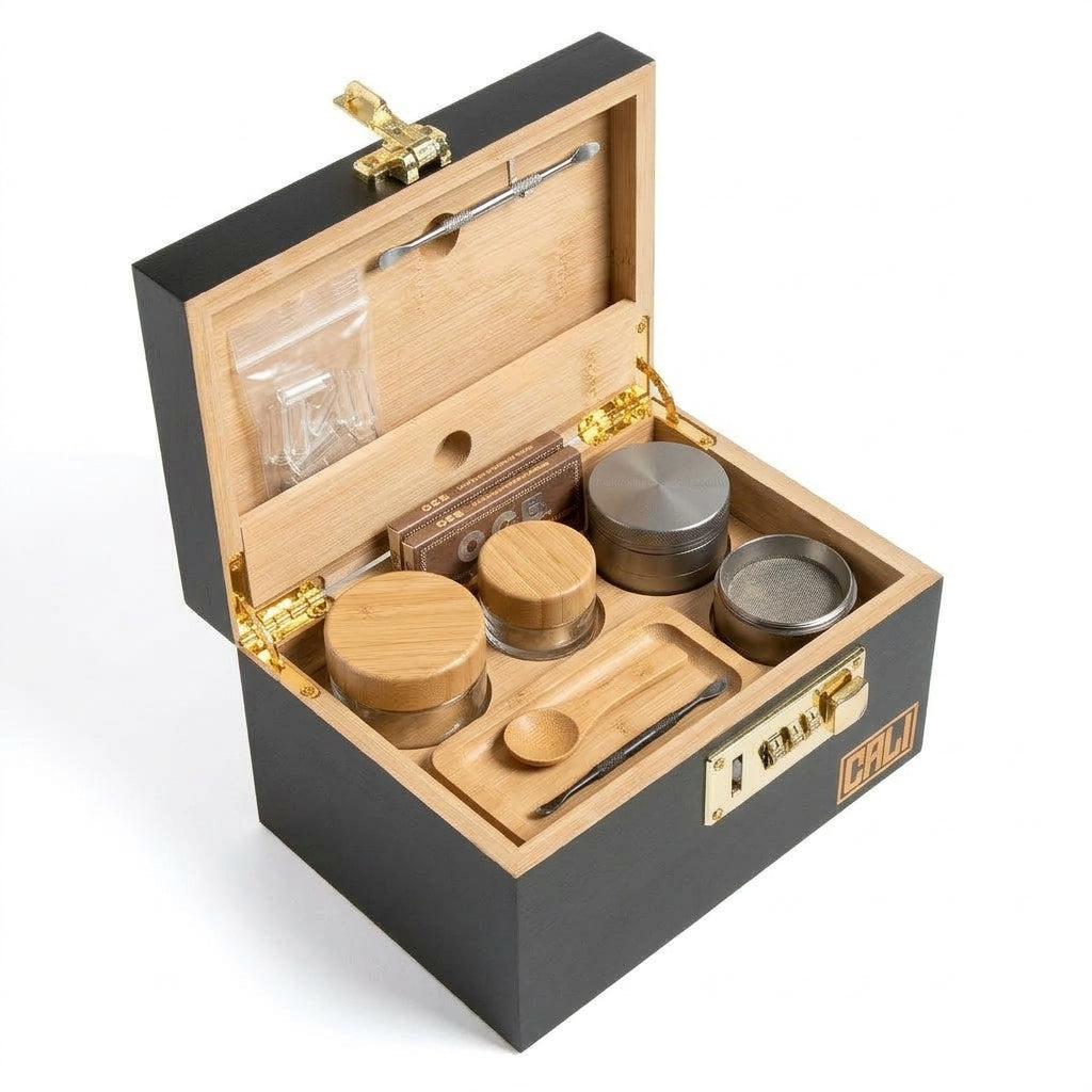 CALI Premium Bamboo Stash Box with Lock & Rolling Tray - Black