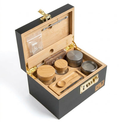 CALI Premium Bamboo Stash Box with Lock & Rolling Tray - Black