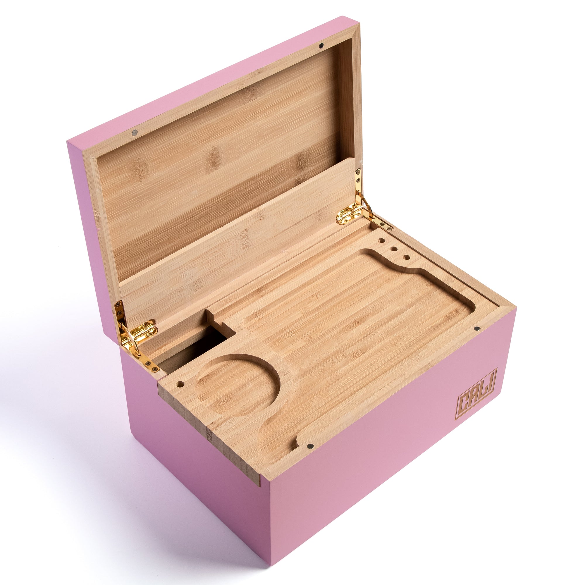 CALI Large Bamboo Stash Box with Sliding Rolling Tray (Pink)
