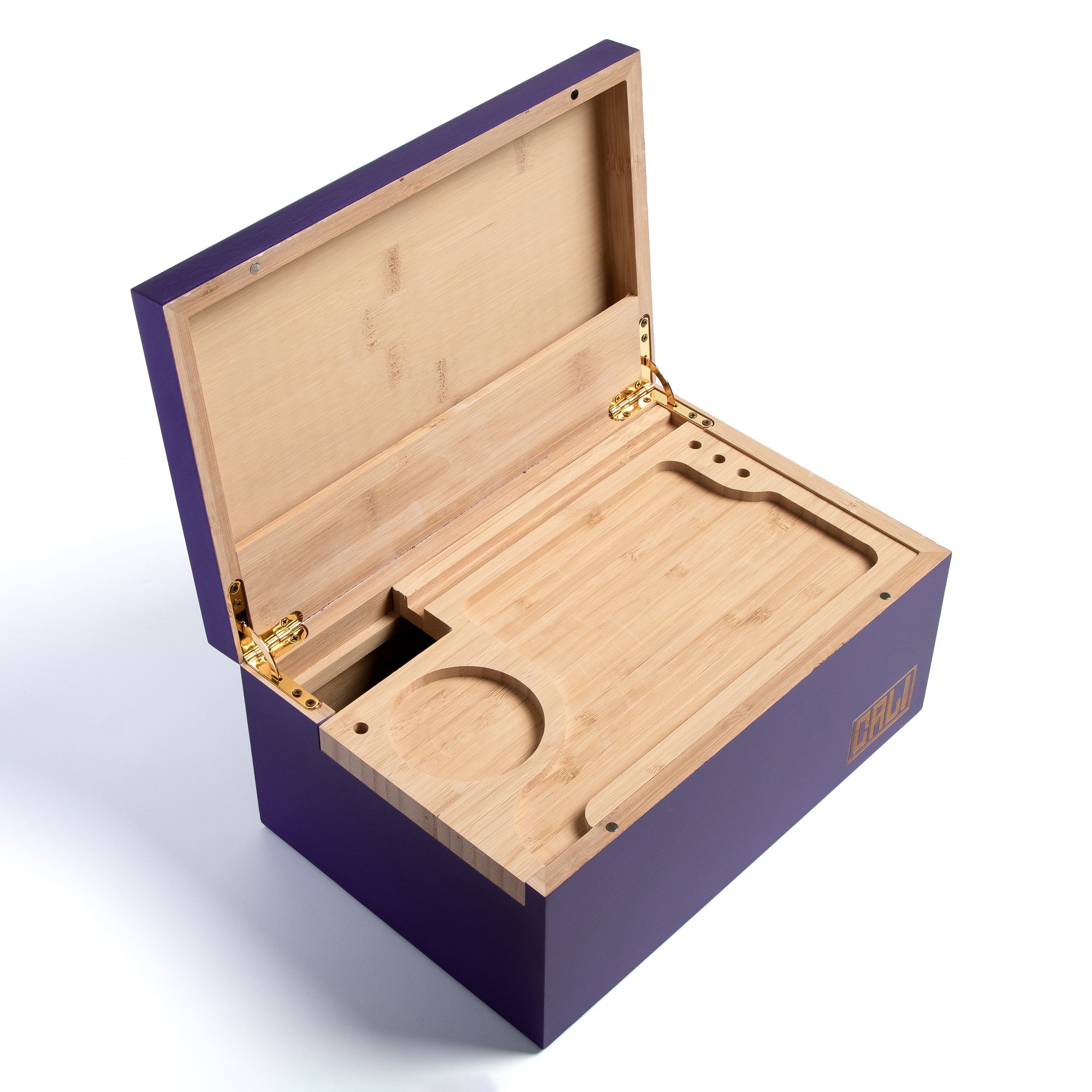 CALI Large Bamboo Stash Box with Sliding Rolling Tray (Purple)