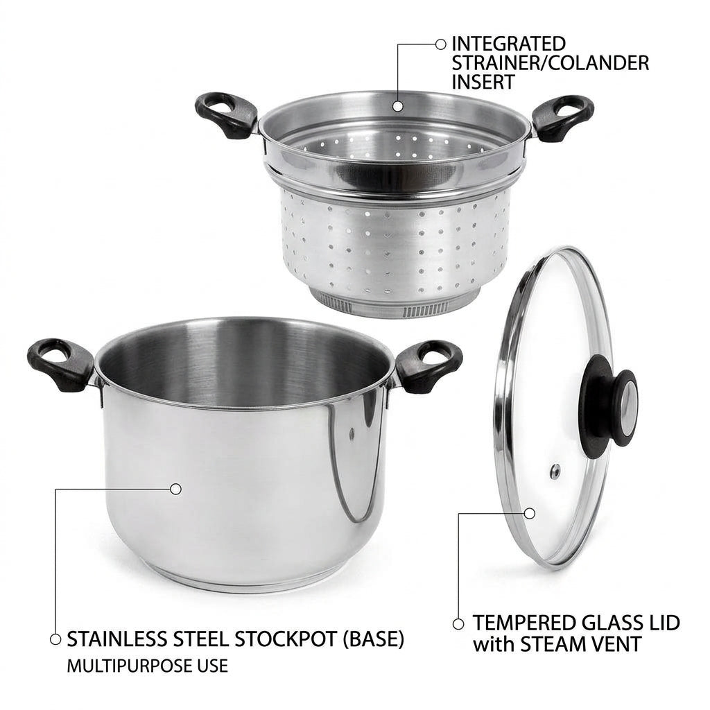 SteelPan Made in Italy 4L Stainless Steel Pasta Pot with Built-In Strainer – 20cm