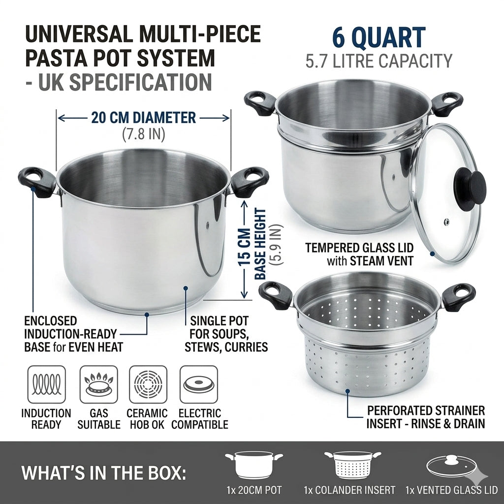 SteelPan Made in Italy 4L Stainless Steel Pasta Pot with Built-In Strainer – 20cm