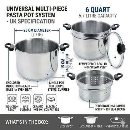 SteelPan Made in Italy 4L Stainless Steel Pasta Pot with Built-In Strainer – 20cm