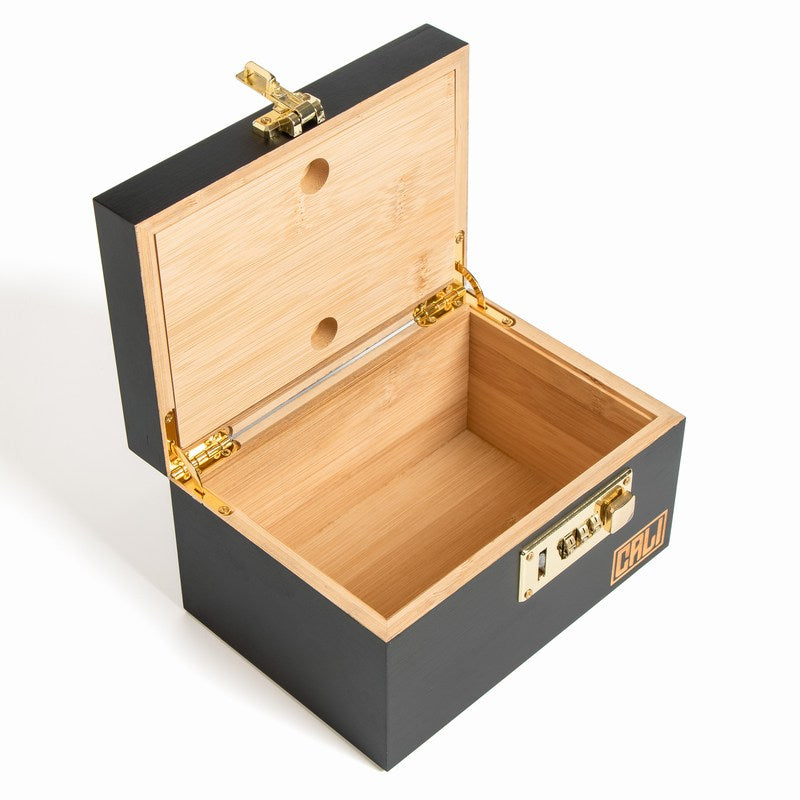 CALI Bamboo Storage Lock Box with Hinged Lid & Rolling Tray (Bl...