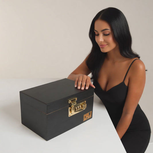 CALI Premium Bamboo Lockable Stash Box with Combination Lock & Magnetic Rolling Tray - Black