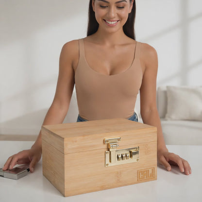 CALI Premium Bamboo Lockable Stash Box with Combination Lock & Magnetic Rolling Tray - Natural